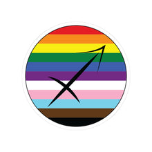 Circular progress pride flag zodiac sticker with a thin black outline and white sticker border, featuring a centered black Sagittarius zodiac glyph. The sticker is shown on a white background.