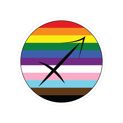 Circular progress pride flag zodiac sticker with a thin black outline and white sticker border, featuring a centered black Sagittarius zodiac glyph. The sticker is shown on a white background.