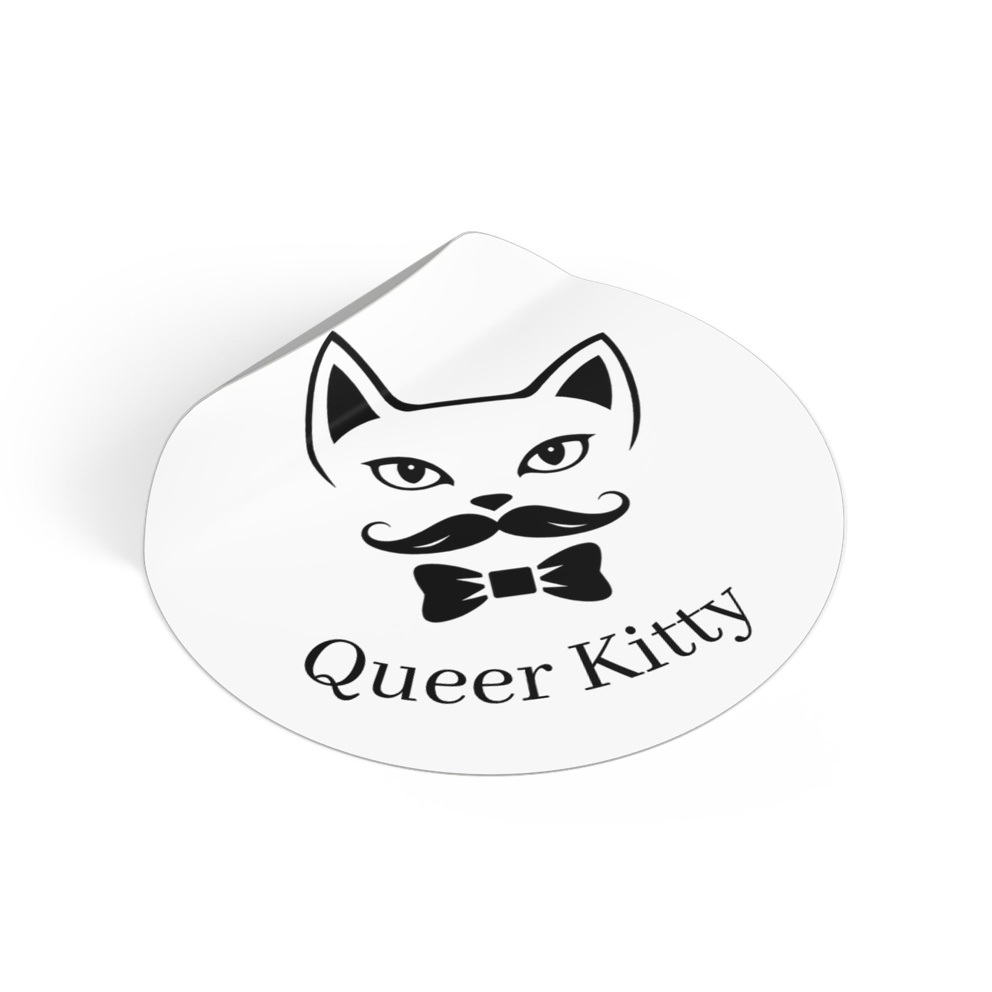 Sticker with a cat face with a mustache and bow tie and 'Queer Kitty' text on a white background