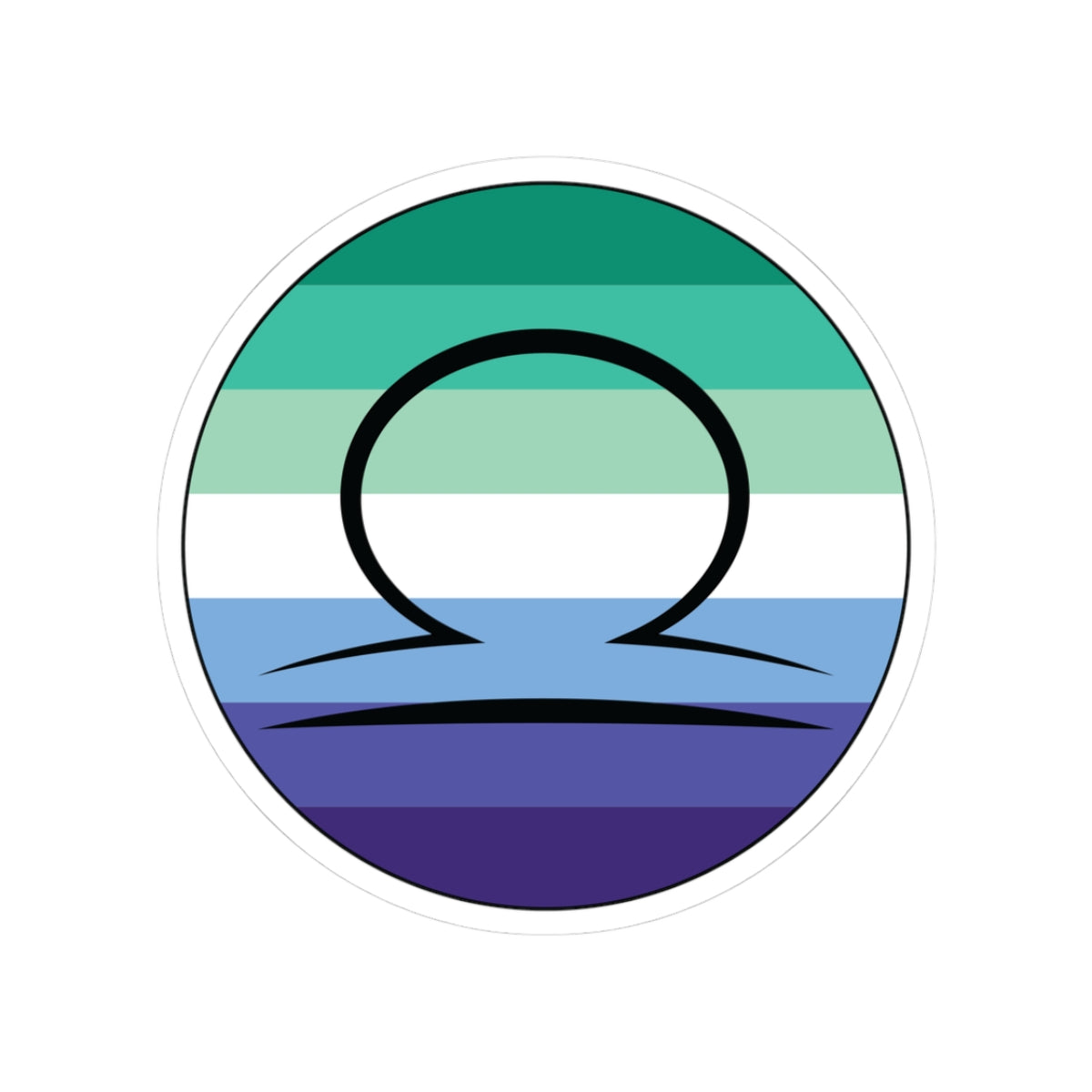 Circular gay men pride flag zodiac sticker with a thin black outline and white sticker border, featuring a centered black Libra zodiac glyph. The sticker is shown on a white background.