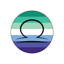 Circular gay men pride flag zodiac sticker with a thin black outline and white sticker border, featuring a centered black Libra zodiac glyph. The sticker is shown on a white background.