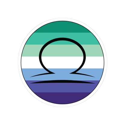 Circular gay men pride flag zodiac sticker with a thin black outline and white sticker border, featuring a centered black Libra zodiac glyph. The sticker is shown on a white background.