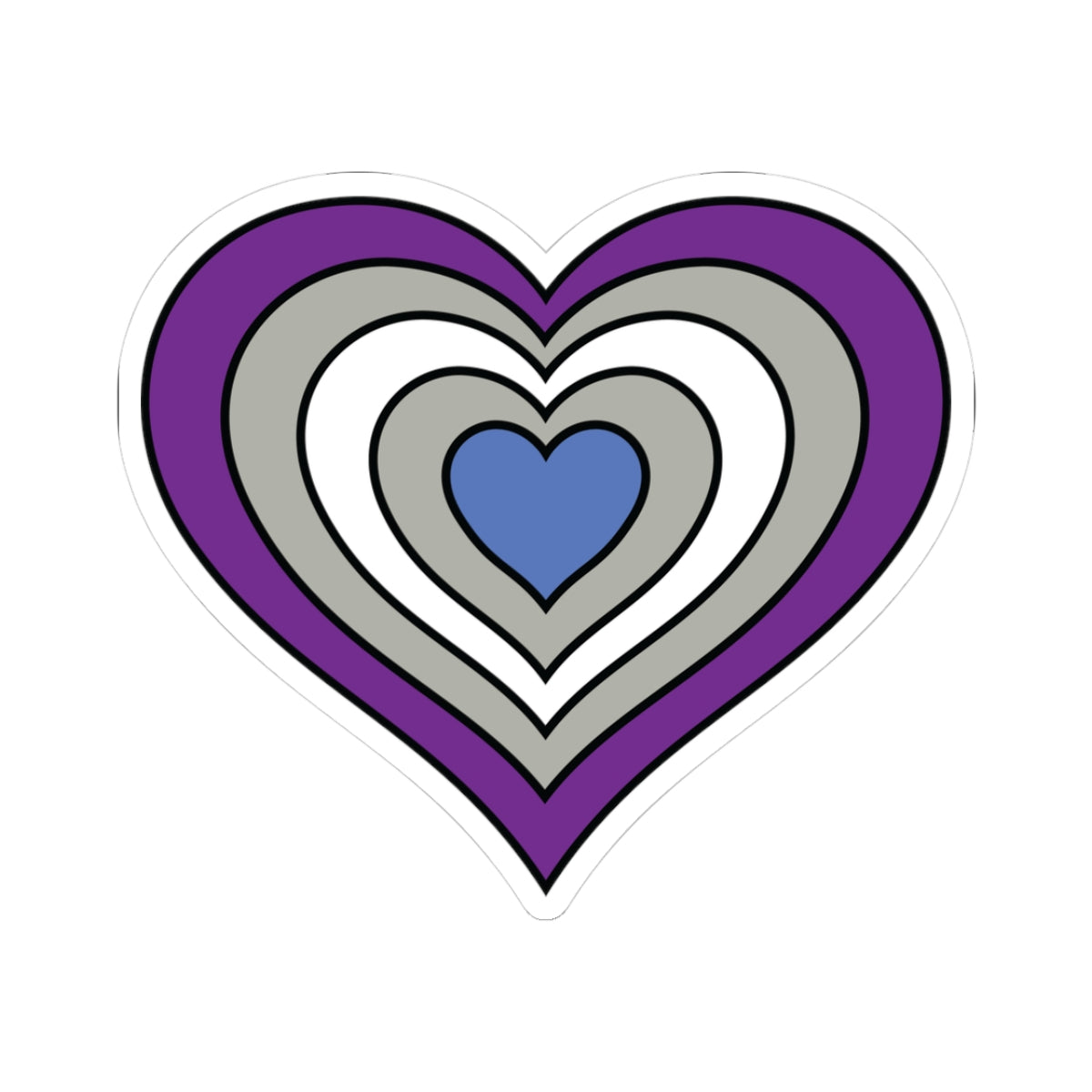 Heart-shaped greysexual pride flag sticker featuring nested heart stripes in purple, gray, white, gray, and blue outlined with a thin black border and a white sticker border. The sticker is shown on a white background.