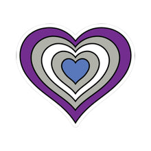Heart-shaped greysexual pride flag sticker featuring nested heart stripes in purple, gray, white, gray, and blue outlined with a thin black border and a white sticker border. The sticker is shown on a white background.