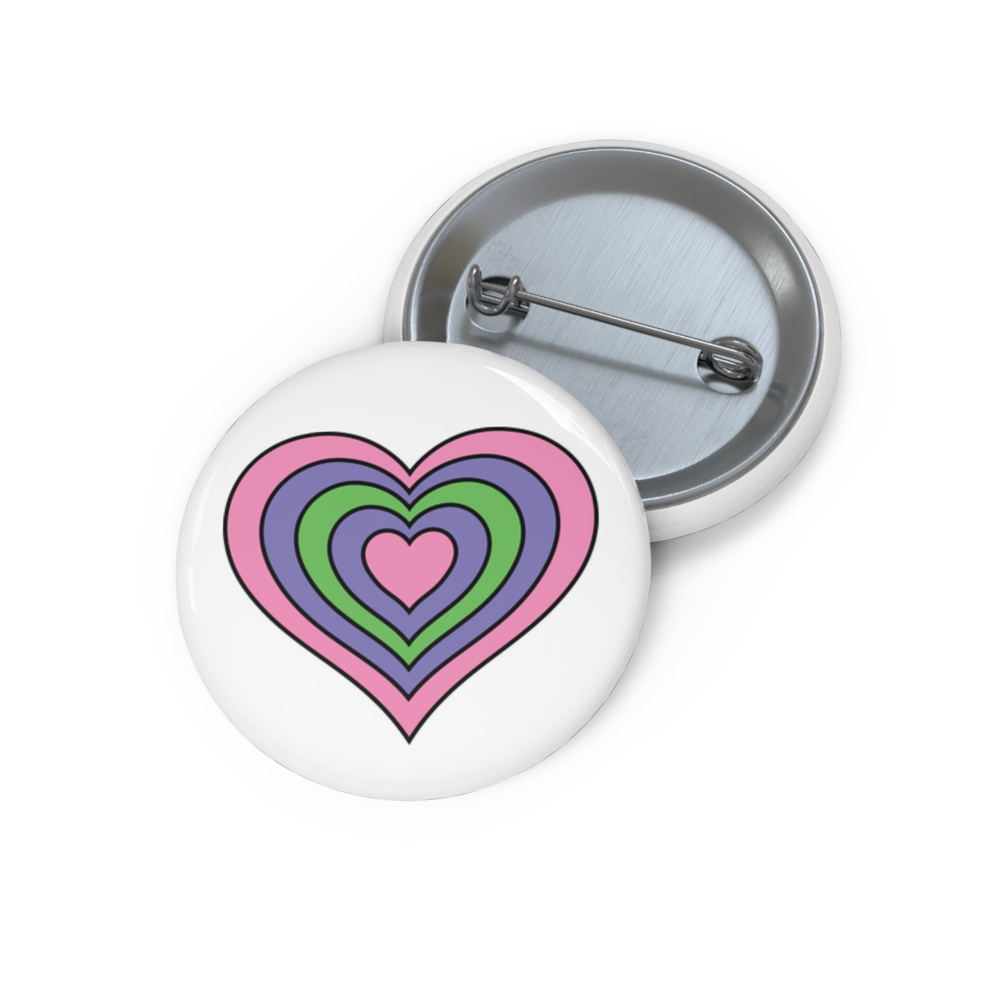 Front and back view of a white circular button with a heart-shaped trigender pride flag image. The button is shown on a white background.
