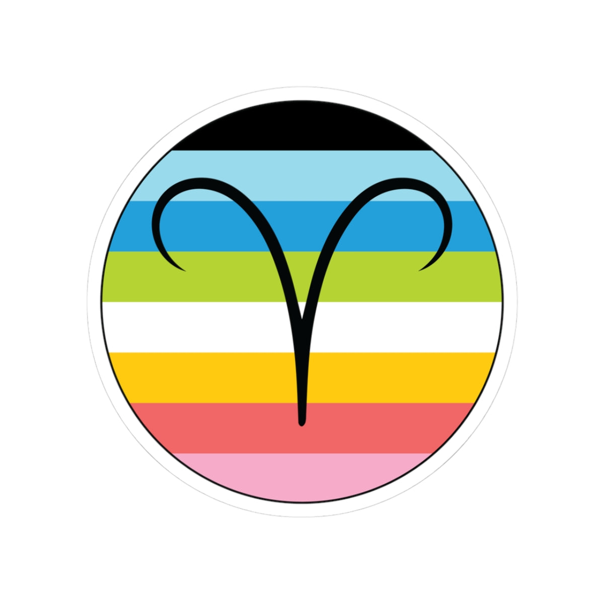 Circular queer pride flag zodiac sticker with a thin black outline and white sticker border, featuring a centered black Aries zodiac glyph. The sticker is shown on a white background.
