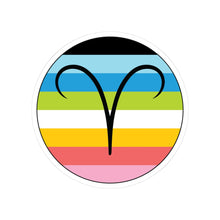 Circular queer pride flag zodiac sticker with a thin black outline and white sticker border, featuring a centered black Aries zodiac glyph. The sticker is shown on a white background.