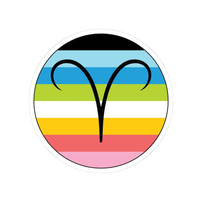 Circular queer pride flag zodiac sticker with a thin black outline and white sticker border, featuring a centered black Aries zodiac glyph. The sticker is shown on a white background.