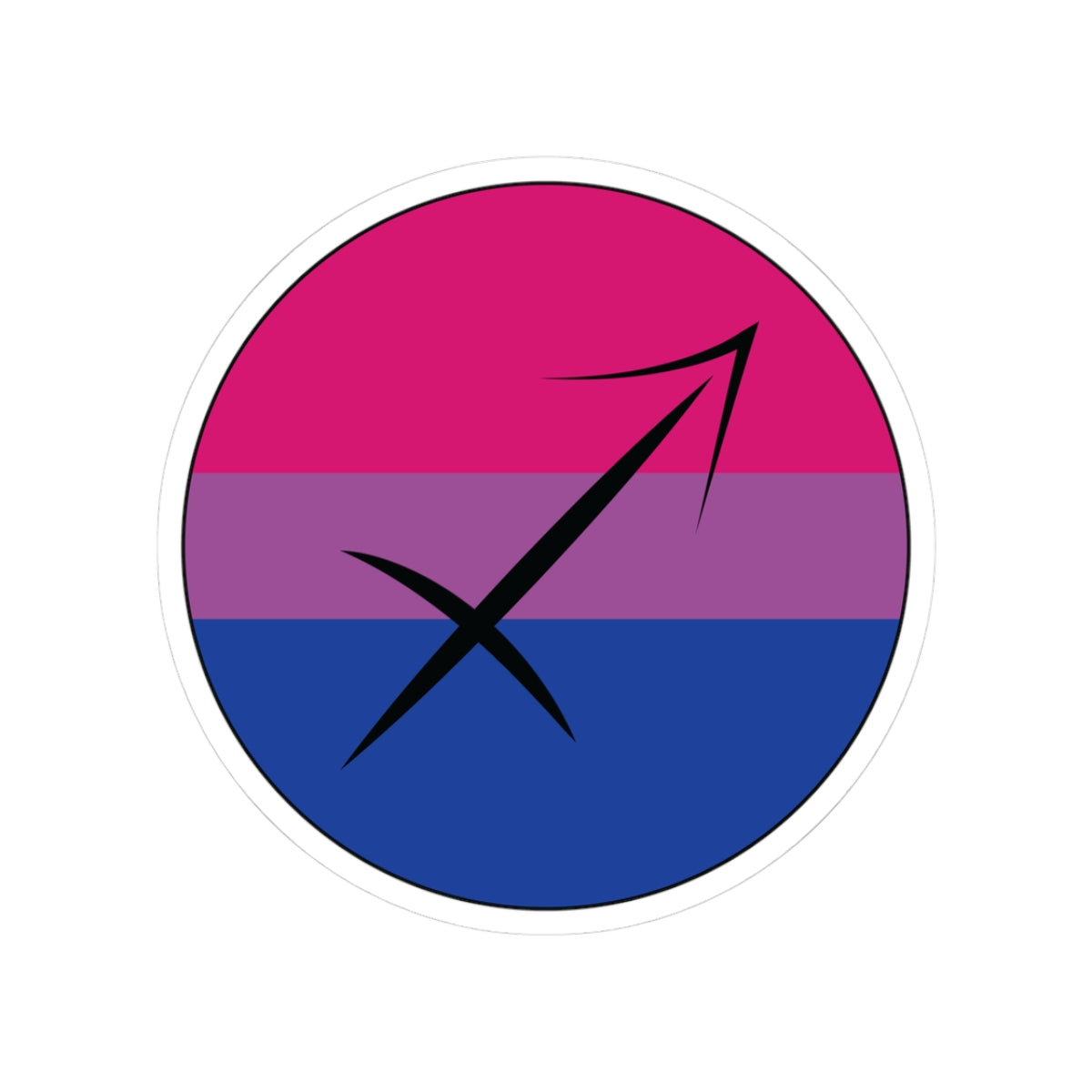 Circular bisexual pride flag zodiac sticker with a thin black outline and white sticker border, featuring a centered black Sagittarius zodiac glyph. The sticker is shown on a white background.