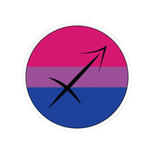 Circular bisexual pride flag zodiac sticker with a thin black outline and white sticker border, featuring a centered black Sagittarius zodiac glyph. The sticker is shown on a white background.