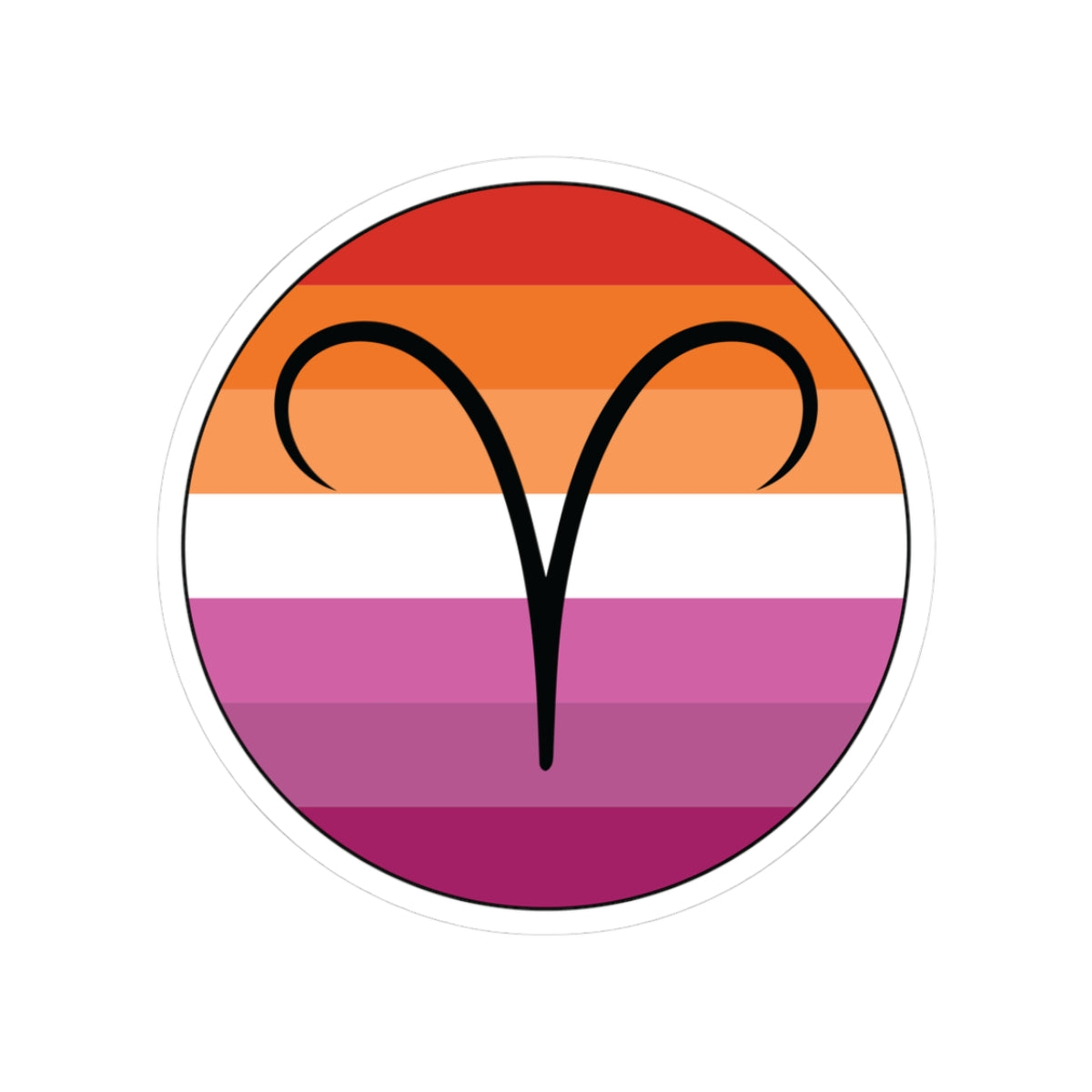 Circular lesbian pride flag zodiac sticker with a thin black outline and white sticker border, featuring a centered black Aries zodiac glyph. The sticker is shown on a white background.