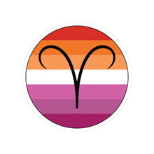 Circular lesbian pride flag zodiac sticker with a thin black outline and white sticker border, featuring a centered black Aries zodiac glyph. The sticker is shown on a white background.