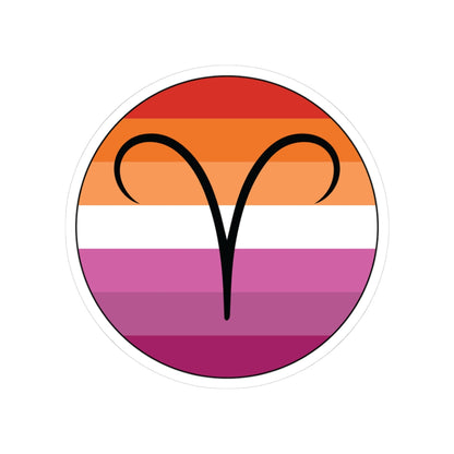 Circular lesbian pride flag zodiac sticker with a thin black outline and white sticker border, featuring a centered black Aries zodiac glyph. The sticker is shown on a white background.