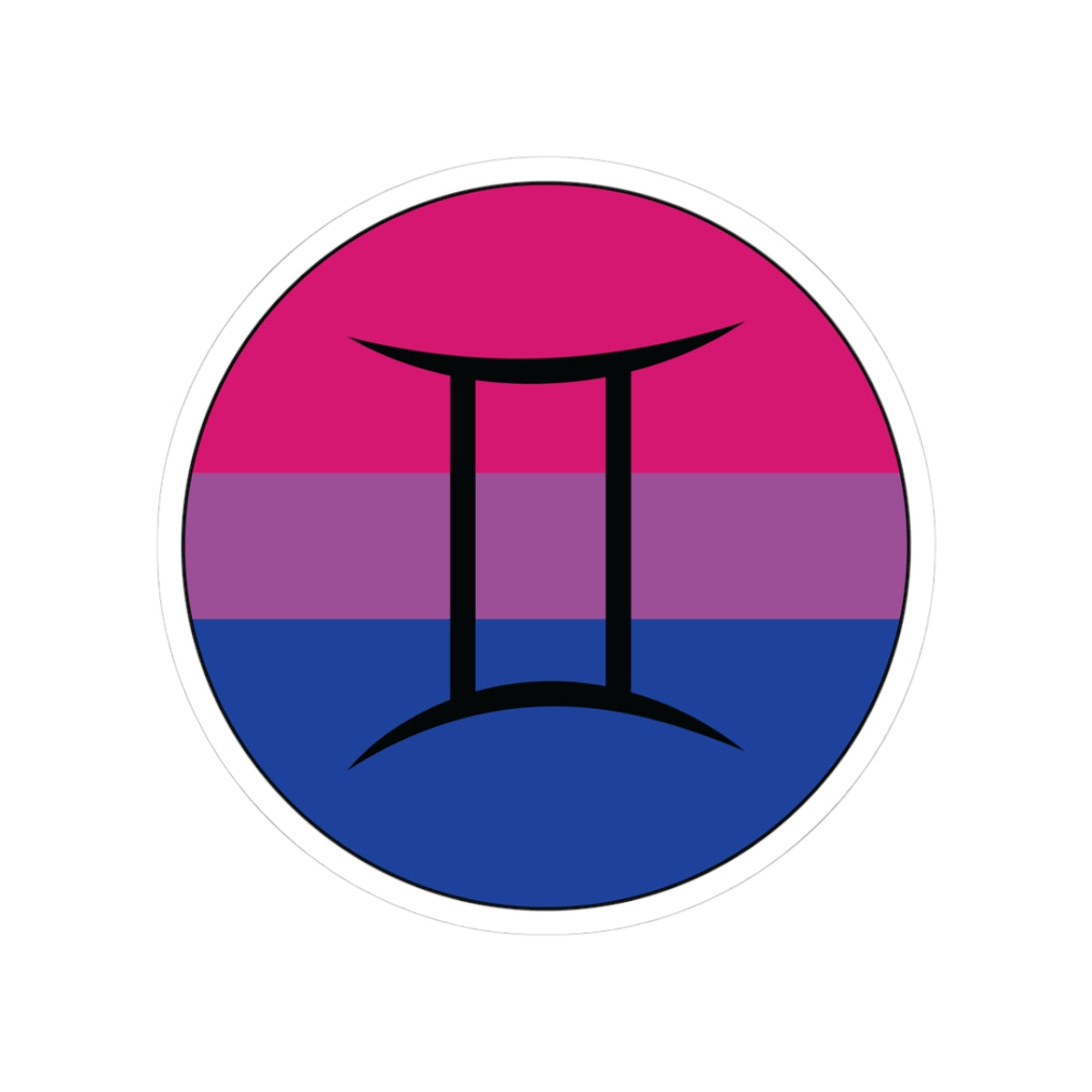 Circular bisexual pride flag zodiac sticker with a thin black outline and white sticker border, featuring a centered black Gemini zodiac glyph. The sticker is shown on a white background.