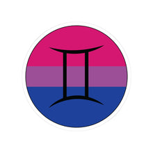 Circular bisexual pride flag zodiac sticker with a thin black outline and white sticker border, featuring a centered black Gemini zodiac glyph. The sticker is shown on a white background.