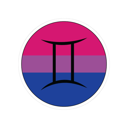 Circular bisexual pride flag zodiac sticker with a thin black outline and white sticker border, featuring a centered black Gemini zodiac glyph. The sticker is shown on a white background.