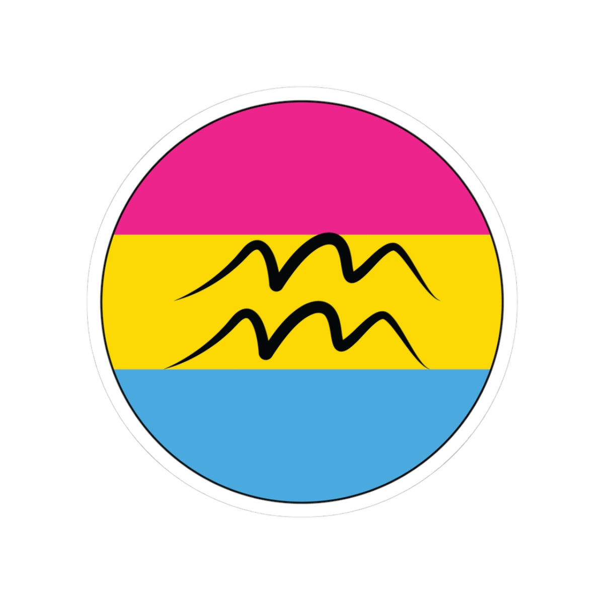 Circular pansexual pride flag zodiac sticker with a thin black outline and white sticker border, featuring a centered black Aquarius zodiac glyph. The sticker is shown on a white background.