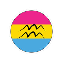 Circular pansexual pride flag zodiac sticker with a thin black outline and white sticker border, featuring a centered black Aquarius zodiac glyph. The sticker is shown on a white background.