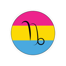 Circular pansexual pride flag zodiac sticker with a thin black outline and white sticker border, featuring a centered black Capricorn zodiac glyph. The sticker is shown on a white background.