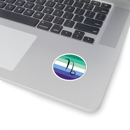 Close-up of the bottom right corner of a silver laptop featuring a 2 inch by 2 inch circular zodiac sticker with a centered Capricorn glyph on a Gay Men pride flag style background applied to the surface.