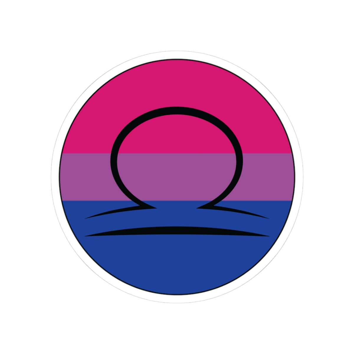 Circular bisexual pride flag zodiac sticker with a thin black outline and white sticker border, featuring a centered black Libra zodiac glyph. The sticker is shown on a white background.