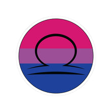 Circular bisexual pride flag zodiac sticker with a thin black outline and white sticker border, featuring a centered black Libra zodiac glyph. The sticker is shown on a white background.