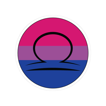 Circular bisexual pride flag zodiac sticker with a thin black outline and white sticker border, featuring a centered black Libra zodiac glyph. The sticker is shown on a white background.