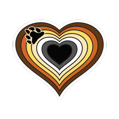 Heart‑shaped pride sticker featuring nested heart stripes inspired by the bear pride flag, outlined with a thin black border and surrounded by a white sticker border. The sticker is displayed on a white background.