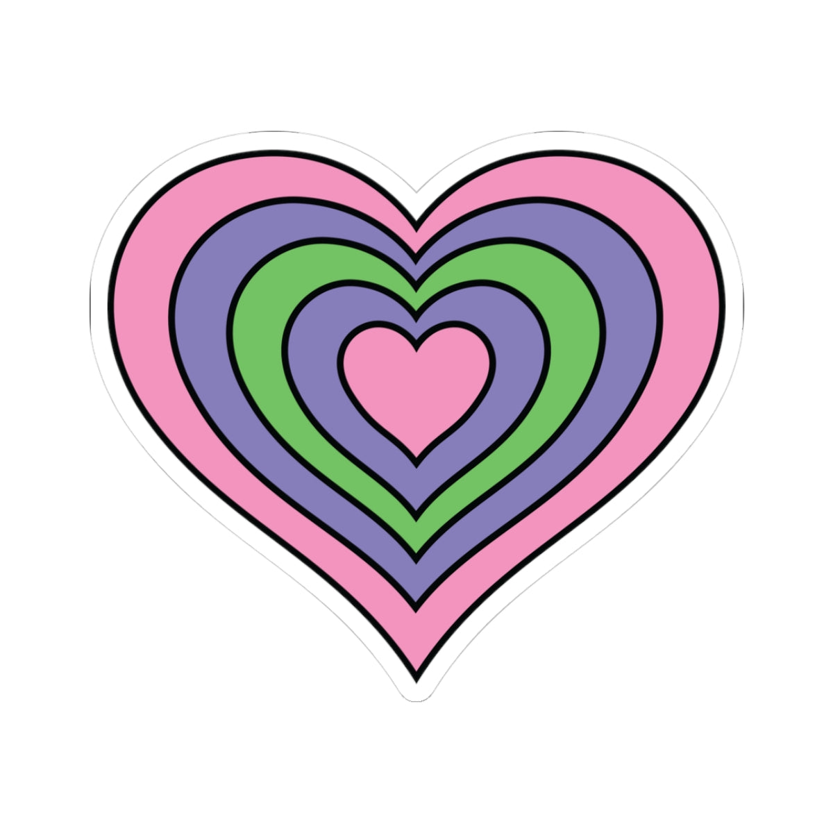 Heart-shaped trigender pride flag sticker featuring nested heart stripes in pink, purple, green, purple, and pink outlined with a thin black border and a white sticker border. The sticker is shown on a white background.