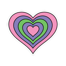 Heart-shaped trigender pride flag sticker featuring nested heart stripes in pink, purple, green, purple, and pink outlined with a thin black border and a white sticker border. The sticker is shown on a white background.