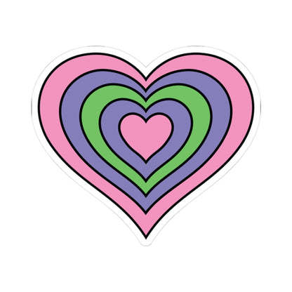 Heart-shaped trigender pride flag sticker featuring nested heart stripes in pink, purple, green, purple, and pink outlined with a thin black border and a white sticker border. The sticker is shown on a white background.