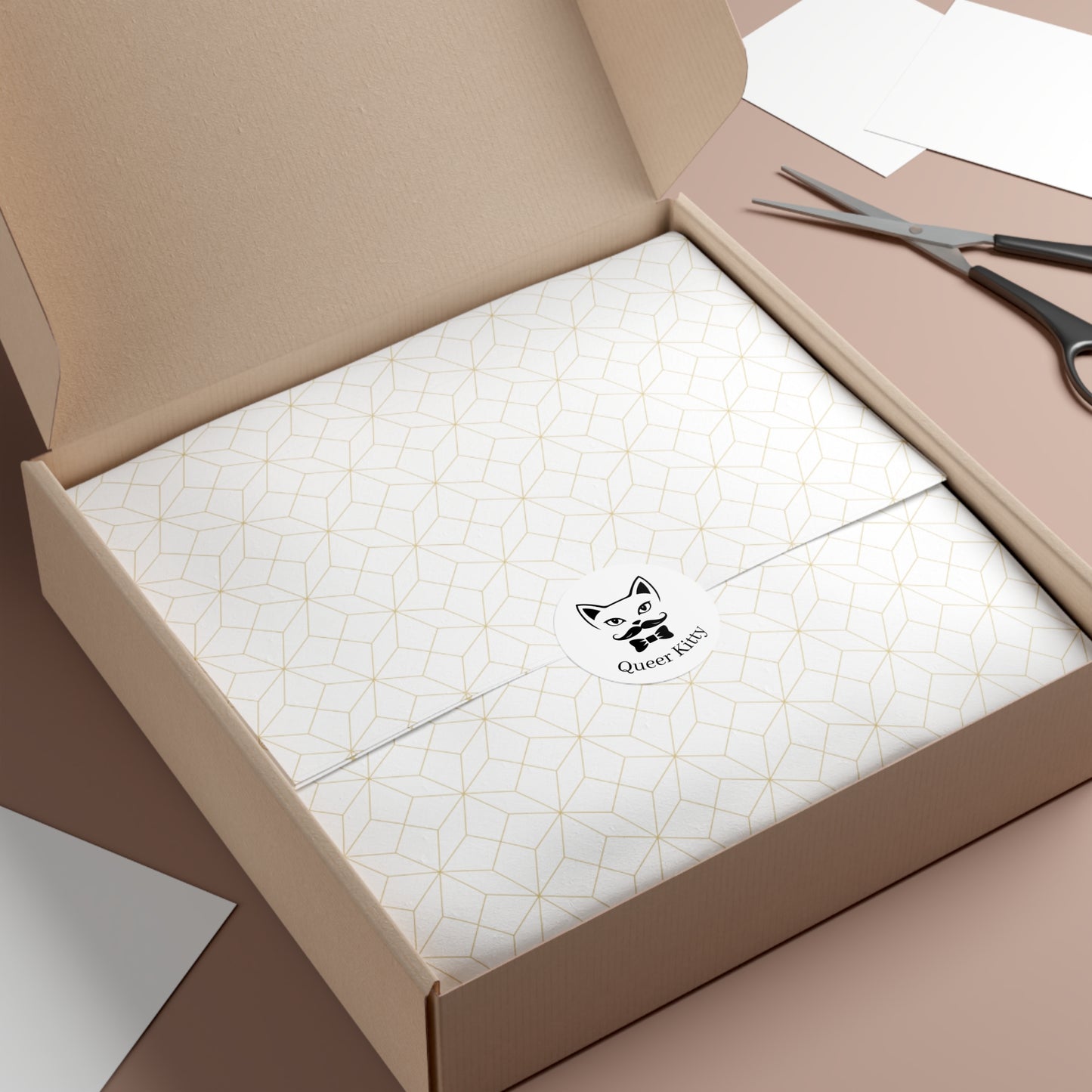 Open box with a branded product inside, scissors on top, on a brown surface.