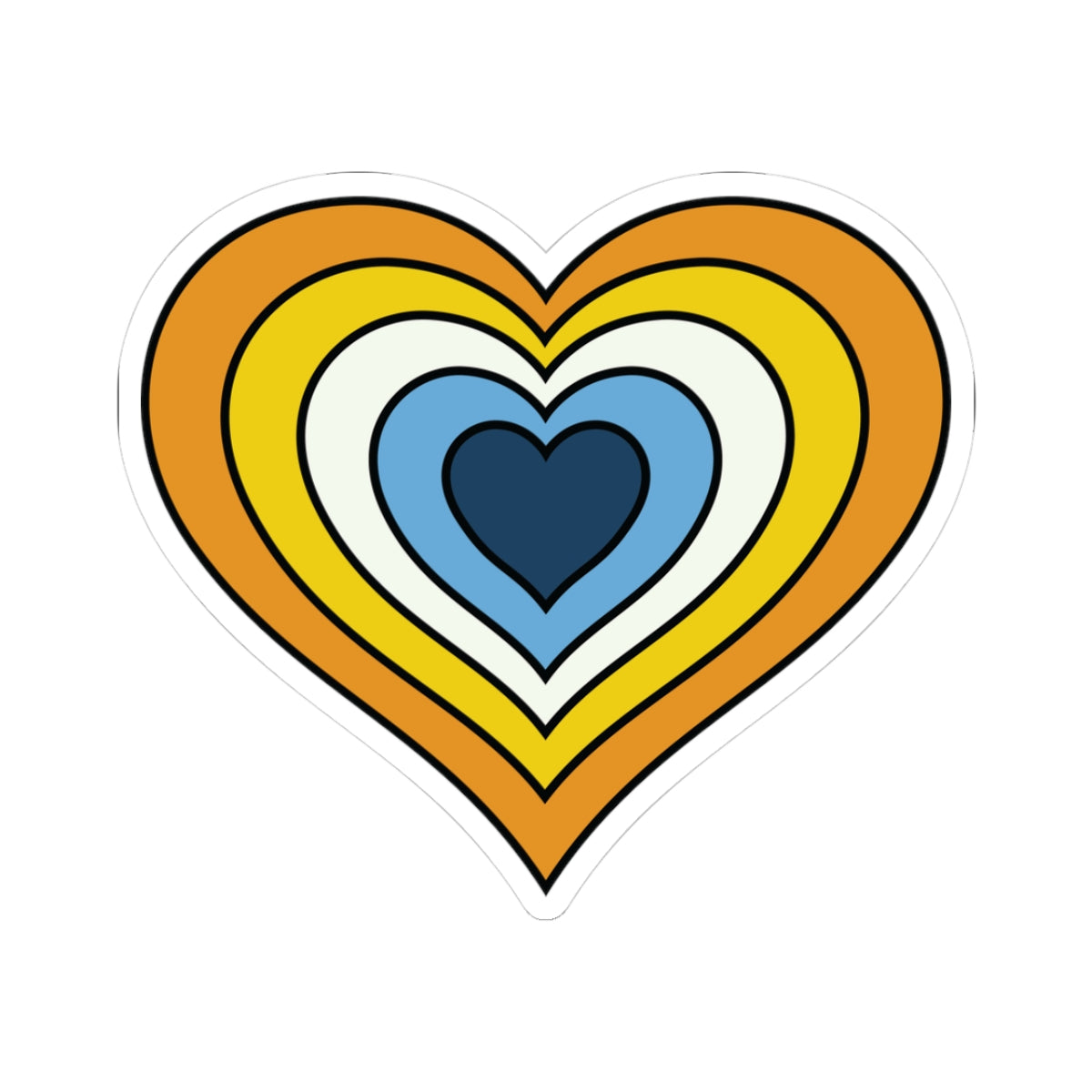 Heart-shaped aroace pride flag sticker featuring nested heart stripes in orange, yellow, white, light blue, and dark blue, outlined with a thin black border and a white sticker border. The sticker is shown on a white background.