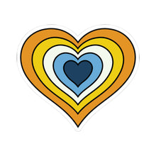 Heart-shaped aroace pride flag sticker featuring nested heart stripes in orange, yellow, white, light blue, and dark blue, outlined with a thin black border and a white sticker border. The sticker is shown on a white background.
