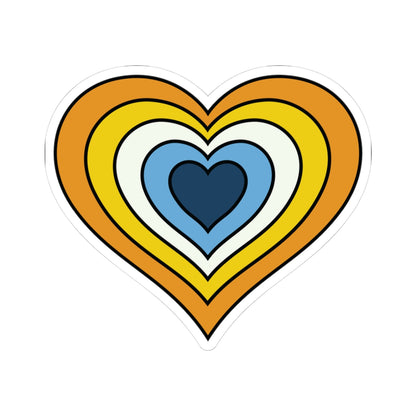 Heart-shaped aroace pride flag sticker featuring nested heart stripes in orange, yellow, white, light blue, and dark blue, outlined with a thin black border and a white sticker border. The sticker is shown on a white background.