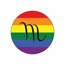 Circular rainbow pride flag zodiac sticker with a thin black outline and white sticker border, featuring a centered black Scorpio zodiac glyph. The sticker is shown on a white background.