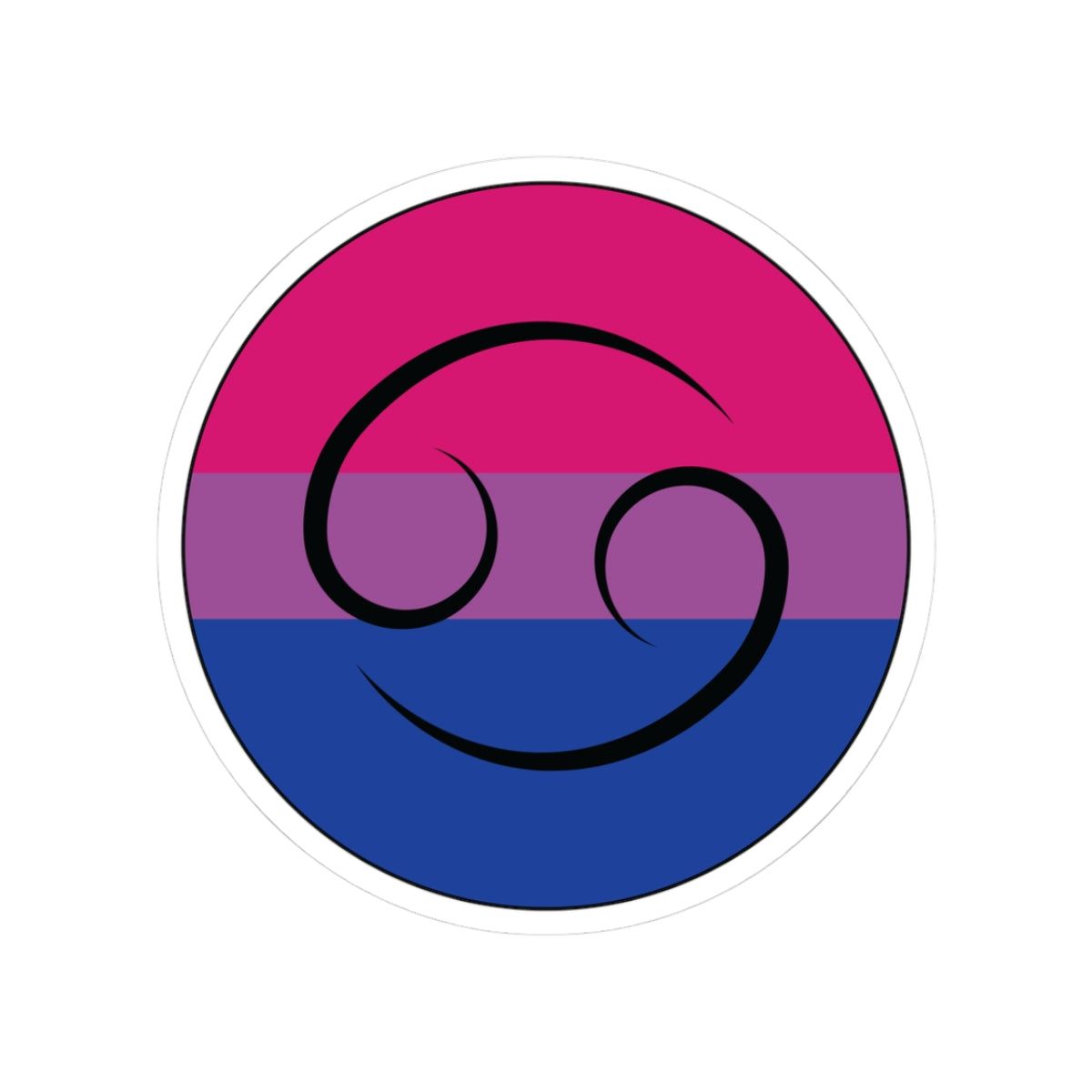 Circular bisexual pride flag zodiac sticker with a thin black outline and white sticker border, featuring a centered black Cancer zodiac glyph. The sticker is shown on a white background.