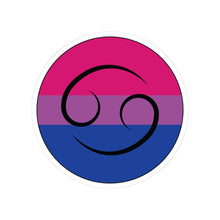 Circular bisexual pride flag zodiac sticker with a thin black outline and white sticker border, featuring a centered black Cancer zodiac glyph. The sticker is shown on a white background.