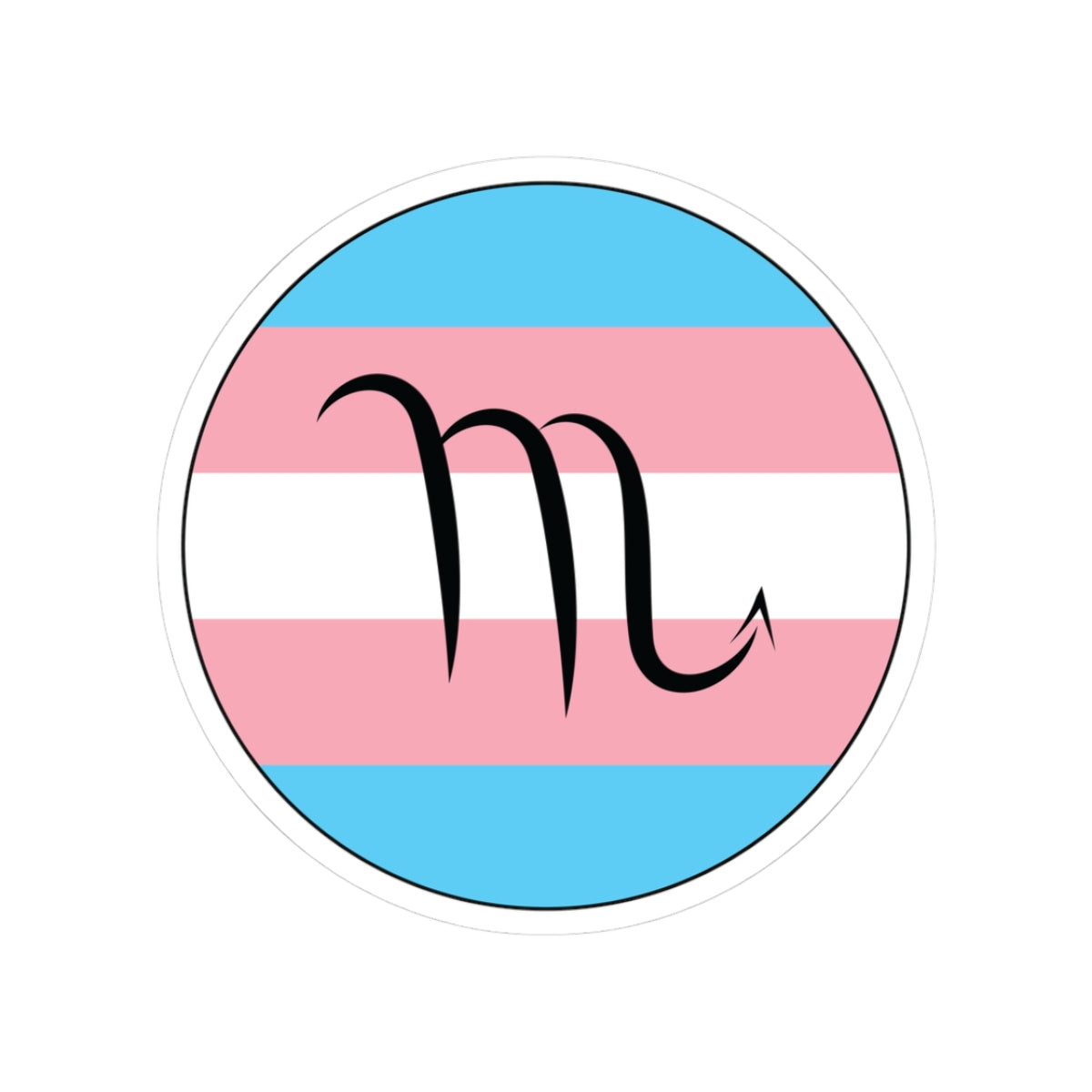 Circular transgender pride flag zodiac sticker with a thin black outline and white sticker border, featuring a centered black Scorpio zodiac glyph. The sticker is shown on a white background.