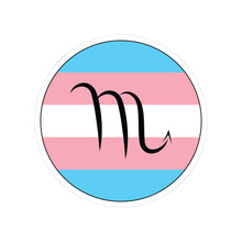 Circular transgender pride flag zodiac sticker with a thin black outline and white sticker border, featuring a centered black Scorpio zodiac glyph. The sticker is shown on a white background.