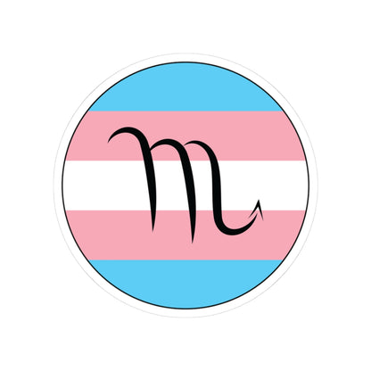 Circular transgender pride flag zodiac sticker with a thin black outline and white sticker border, featuring a centered black Scorpio zodiac glyph. The sticker is shown on a white background.