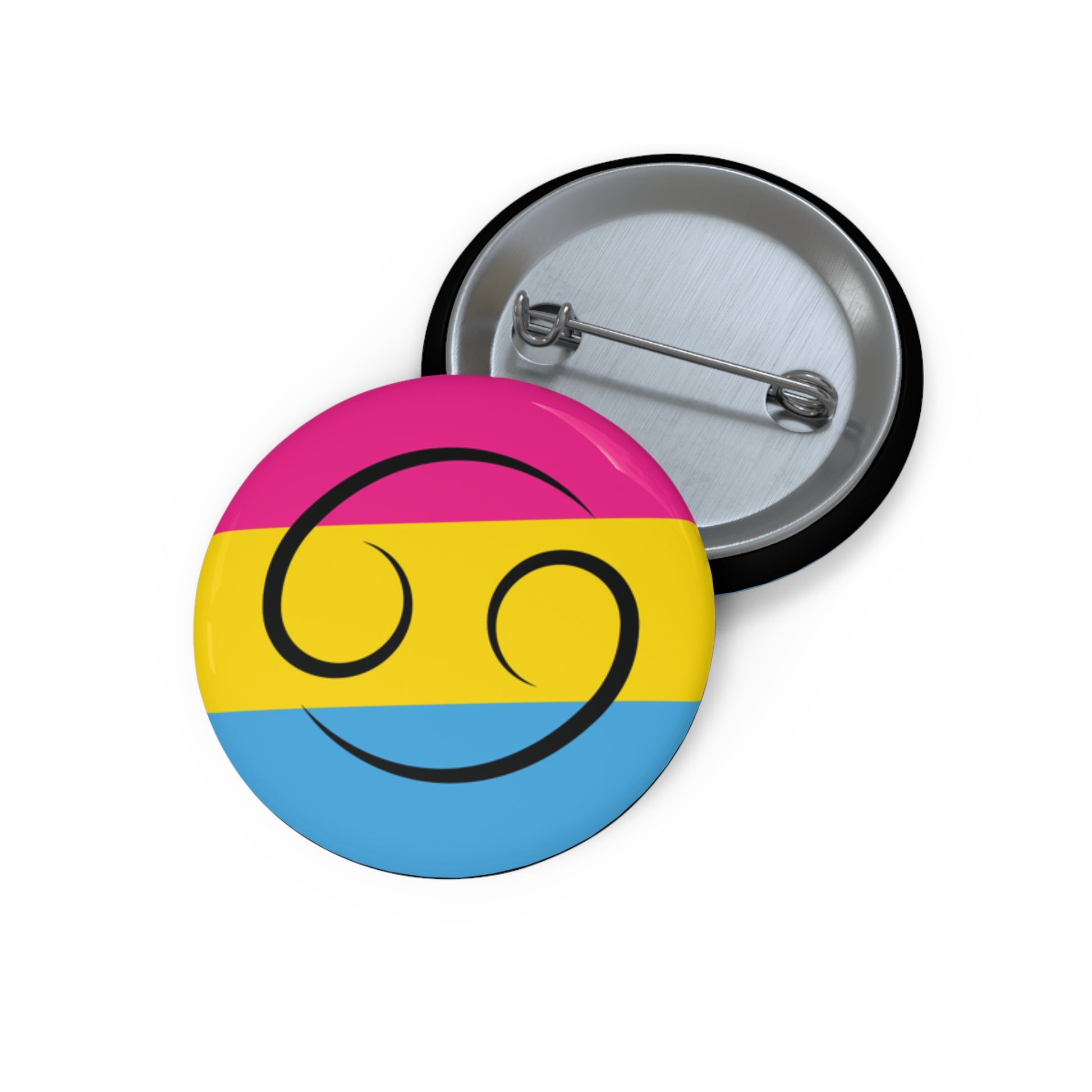 Front and back view of a circular pansexual pride flag button featuring the Cancer zodiac symbol in black centered on the front.