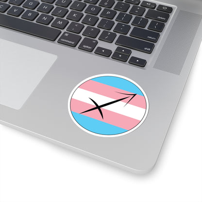 Close-up of the bottom right corner of a silver laptop featuring a 3 inch by 3 inch circular zodiac sticker with a centered Sagittarius glyph on a Transgender pride flag style background applied to the surface.