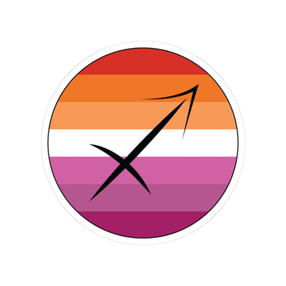 Circular lesbian pride flag zodiac sticker with a thin black outline and white sticker border, featuring a centered black Sagittarius zodiac glyph. The sticker is shown on a white background.