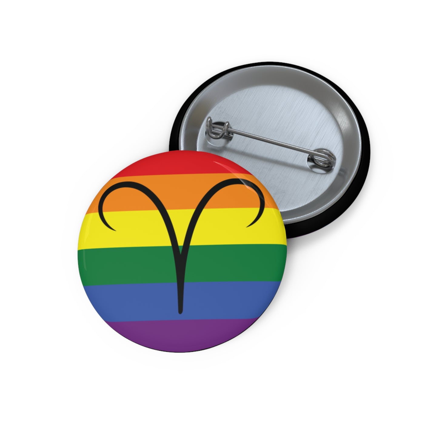 Front and back view of a circular rainbow pride flag button featuring the Aries zodiac symbol in black centered on the front.