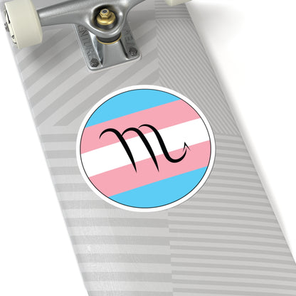 Close-up of the bottom of a silver skateboard featuring a 6 inch by 6 inch circular zodiac sticker with a centered Scorpio glyph on a Transgender pride flag style background applied to the surface.