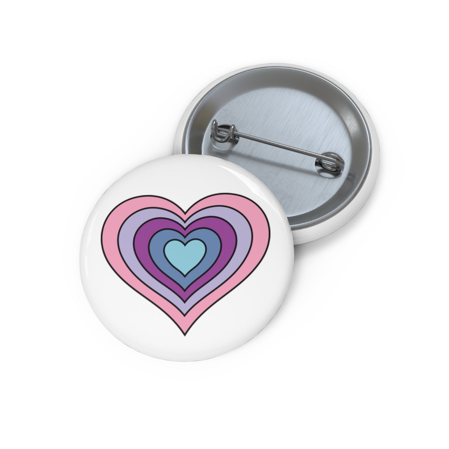 Front and back view of a white circular button with a heart-shaped omnigender flag image. The button is shown on a white background.