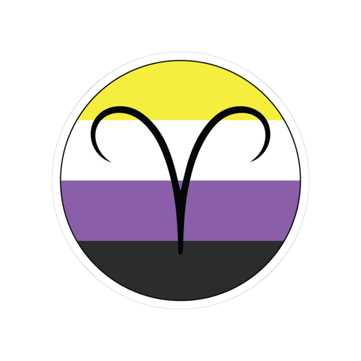 Circular nonbinary pride flag zodiac sticker with a thin black outline and white sticker border, featuring a centered black Aries zodiac glyph. The sticker is shown on a white background.
