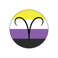 Circular nonbinary pride flag zodiac sticker with a thin black outline and white sticker border, featuring a centered black Aries zodiac glyph. The sticker is shown on a white background.