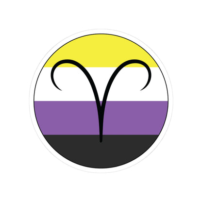 Circular nonbinary pride flag zodiac sticker with a thin black outline and white sticker border, featuring a centered black Aries zodiac glyph. The sticker is shown on a white background.